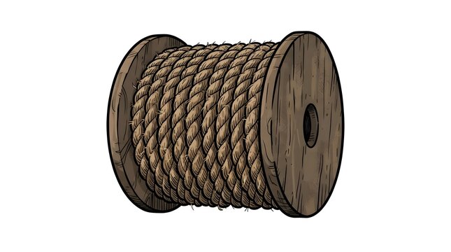 Hand drawn vector illustration of a thick natural fiber rope wrapped around a wooden spool or reel. Isolated on a white background