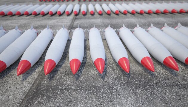 Rows of white and red-tipped missiles or bombs laid out on a concrete surface.