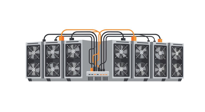 Cryptocurrency Mining Rig Farm Illustration, Flat Vector Design of Bitcoin Mining Hardware with Cooling Fans and Cables