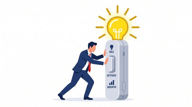 Businessman activating idea lightbulb switch