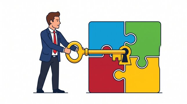 Man unlocking colorful puzzle pieces with a key