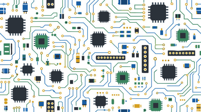 Seamless technology motherboard pattern with microchips, circuit traces, and electronic connectors on a white background, flat vector illustration, computer hardware design, repeating tech background