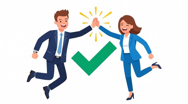 Happy business people high-fiving with checkmark