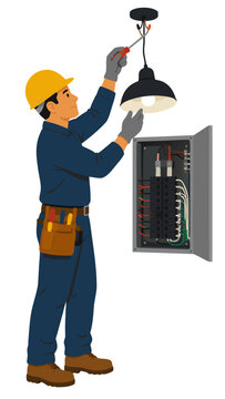 Professional electrician in yellow hard hat inspecting open breaker panel and installing ceiling light fixture, flat vector illustration, isolated on white background