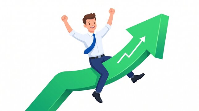 Businessman celebrating success on upward arrow