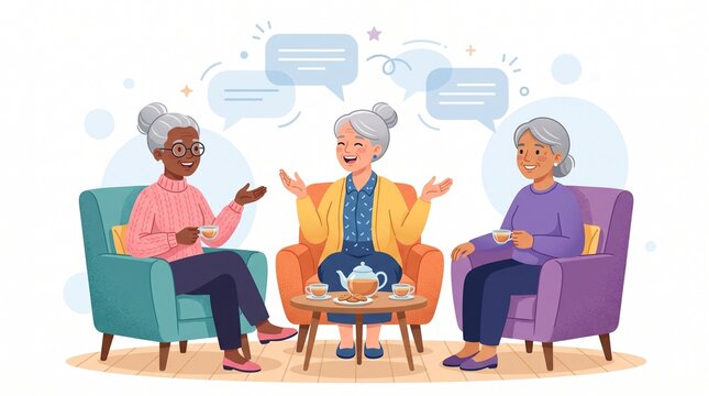 Three elderly women chatting happily together
