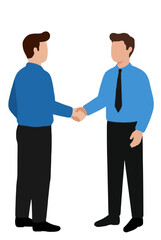 Fototapeta premium Hand-traced vector icon illustration depicting two businessmen shaking hands in blue shirts and black trousers, symbolizing entrepreneur and investor partnership agreement and successful business