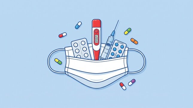 Medical mask with pills, thermometer, and syringe