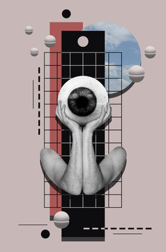 Collage art with a hands holding eyeball