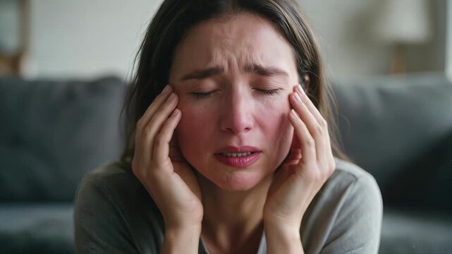 Distressed woman covering face with hands while crying. Emotional breakdown and mental health struggle in domestic setting. Close-up shot with subtle vertical tilt.