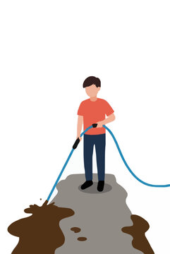 Hand-traced vector illustration of a person hosing down a muddy path with a spray nozzle, cleaning wet sidewalk puddle spill cleanup outdoor chore flat color cartoon design icon