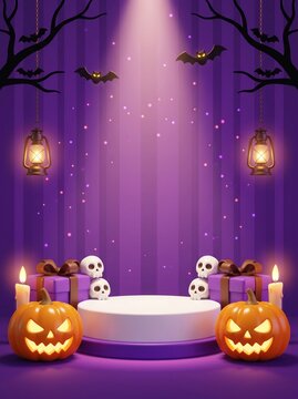 Halloween product display podium with pumpkins skulls and candles in a dark purple forest setting
