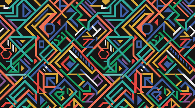 Seamless abstract geometric wallpaper pattern with colorful interlocking angular lines, triangles, and zigzag shapes on a solid black background, modern tribal mosaic vector design