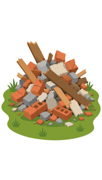 Pile of broken bricks, wooden planks, and crumpled debris dumped on green grass in city park, isometric vector illustration of urban trash and construction waste