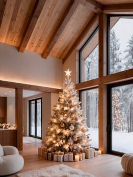New year tree in wooden house interior. AI generated