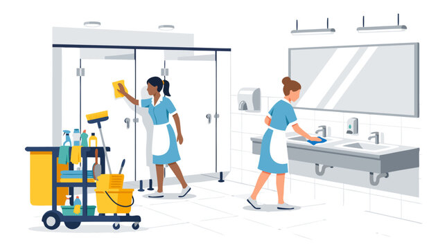 Two maids in uniform with aprons wiping white bathroom stalls and polishing sinks with cleaning carts in modern restroom interior vector illustration
