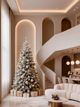 New year tree in modern house interior. AI generated