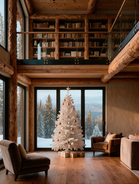 New year tree in wooden house interior. AI generated