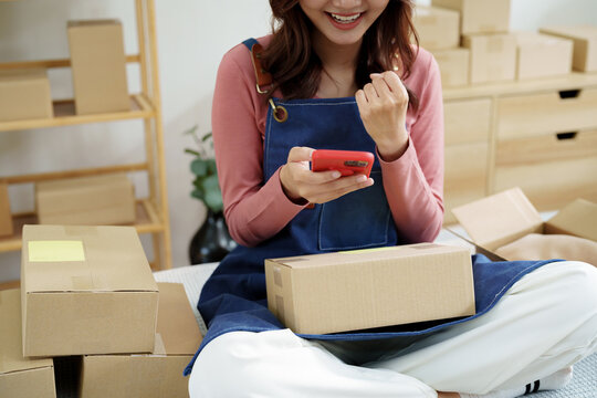 Female entrepreneur excited on cellphone with online orders