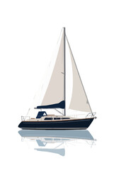 Fototapeta premium Hand-traced vector illustration of a sleek sailboat with tall white sails and a navy hull gliding across calm harbor waters with a soft reflection below, perfect nautical icon