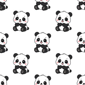 Cute cartoon baby panda seamless pattern background, happy giant panda repeating tile print art
