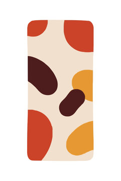 Vibrant hand-traced vector illustration of a rolled patterned yoga towel featuring organic bean-shaped motifs in warm terracotta, burgundy, mustard yellow, and cream tones, perfect minimalist boho