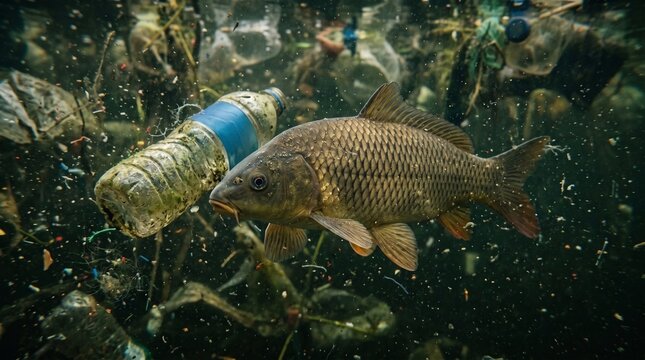 A fish swims near a plastic bottle in polluted waters, highlighting the urgent environmental crisis of plastic waste impacting marine life