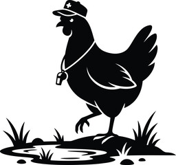 Fototapeta premium Black and white silhouette illustration of a chicken wearing a coach hat and whistle.