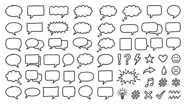 Hand drawn speech bubbles and symbols on white background for communication and ideas