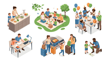 Fototapeta premium Family and friends gather for outdoor activities and celebrations in a vibrant park setting with various engaging scenes and