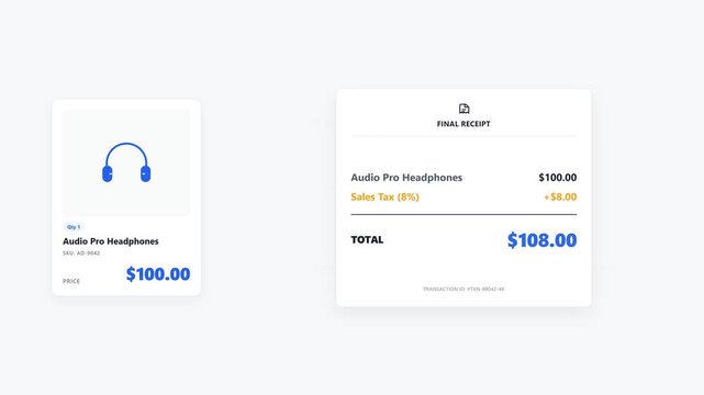 Streamlined e-commerce interface showcasing a product card for headphones and a detailed digital receipt with sales tax calculation, illustrating a complete online shopping transaction process