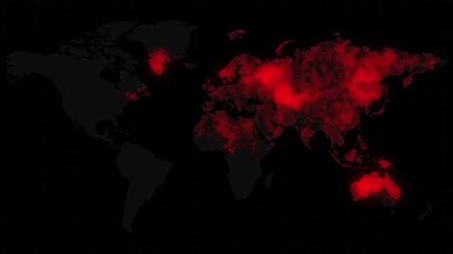 virus rapid growth on world map or cyber attack on global spreading in red and glowing for make warning HUD animation