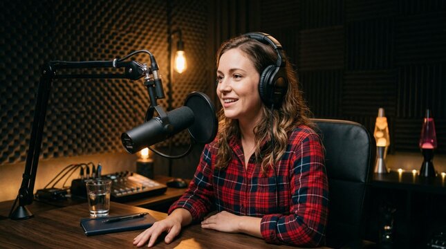 Smiling female podcast host with headphones speaking into microphone in cozy soundproof recording studio with warm ambient lighting and lava lamp