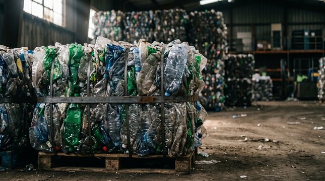 Large Compressed Bales of Recycled Plastic Bottles Stored at a Waste Management and Processing Recycling Facility Warehouse
