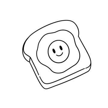 Egg toast slice character line art vector illustration. Fried egg on bread breakfast clipart isolated.