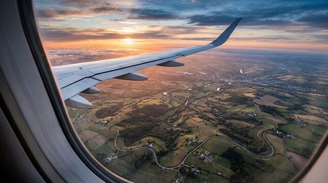 Aerial panoramic view of an airplane wing extending over picturesque rural countryside landscapes and winding roads observed through a passenger window during high altitude flight under evening light