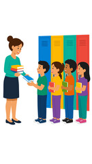 Obraz premium Teacher handing out colorful books to diverse elementary students standing beside bright school lockers in a cheerful classroom vector illustration