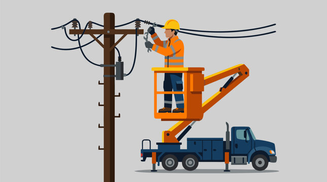 Electrician in safety gear standing in elevated bucket truck repairing overhead power lines and utility cables, vector illustration of electrical maintenance worker