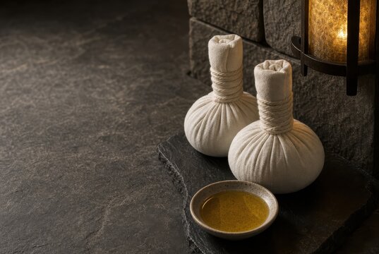 Herbal Compress Spa Setup on Dark Stone with Warm Candlelight
