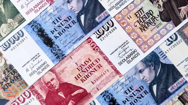 Iceland, Icelandic paper banknotes krona for settlements and financial transactions. Icelandic krona