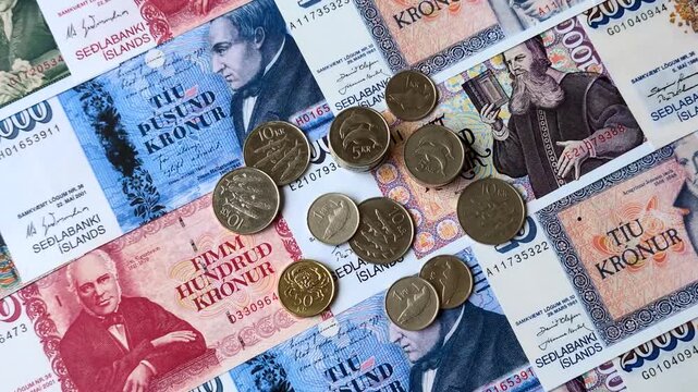 Iceland, Icelandic paper banknotes krona for settlements and financial transactions. Icelandic krona
