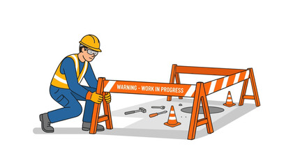 Fototapeta premium Construction Worker Setting Up Road Barrier with Tools and Cones