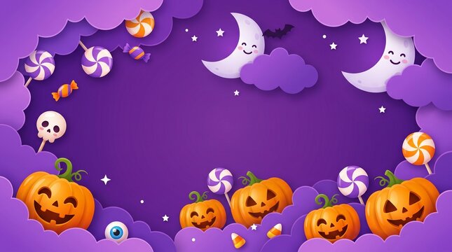 Cute halloween background with smiling pumpkins and happy moon faces in a purple cloudy sky with candies and sweets for a fun festive holiday celebration