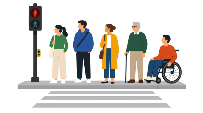 Colorful flat vector illustration of diverse urban pedestrians including elderly man with cane and wheelchair user waiting at red traffic light on city sidewalk before crossing zebra crosswalk