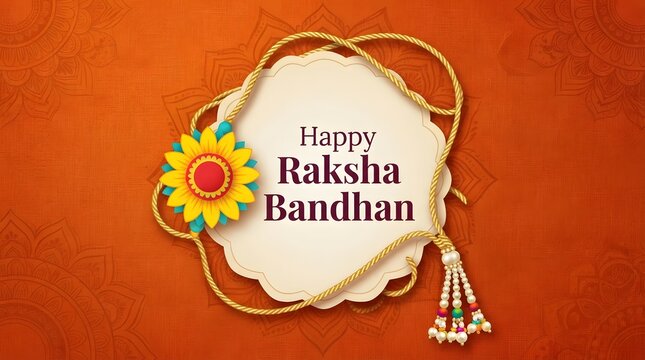 Happy raksha bandhan greeting card with a decorative rakhi thread on an orange patterned background