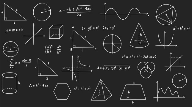 Chalkboard math vector set: geometric shapes, triangle theorems, algebraic equations, calculus graphs, formulas on dark seamless chalkboard background