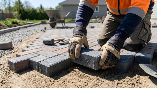 Construction worker kneeling on sand laying dark gray interlocking stone pavers for outdoor patio with wheelbarrow and trowel in bright daylight