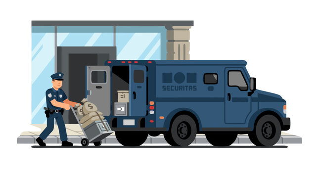 Flat illustration of uniformed security officer wheeling hand truck stacked with cash bags to load armored bank transport van at curb, bold colors, simple shapes, commercial guard service concept