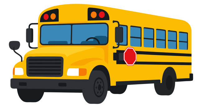 Yellow school bus cartoon vector illustration with rounded edges, side stop sign, bold flat colors, front three-quarter view, isolated on white background for educational clip art