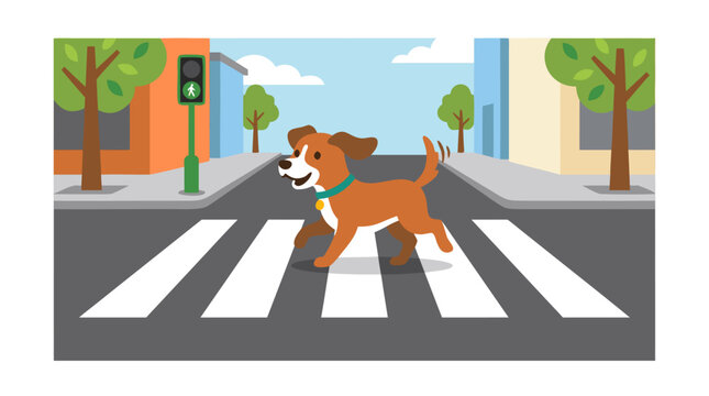 Happy brown dog trotting across zebra crosswalk on quiet urban street, flat design vector illustration with bold shapes, bright colors, trees, traffic light, and blue sky background